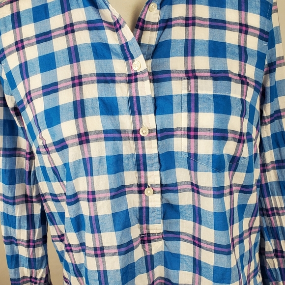J. Crew classic size 4 blue pink plaid half Button Up Top NWOT - Picture 5 of 6